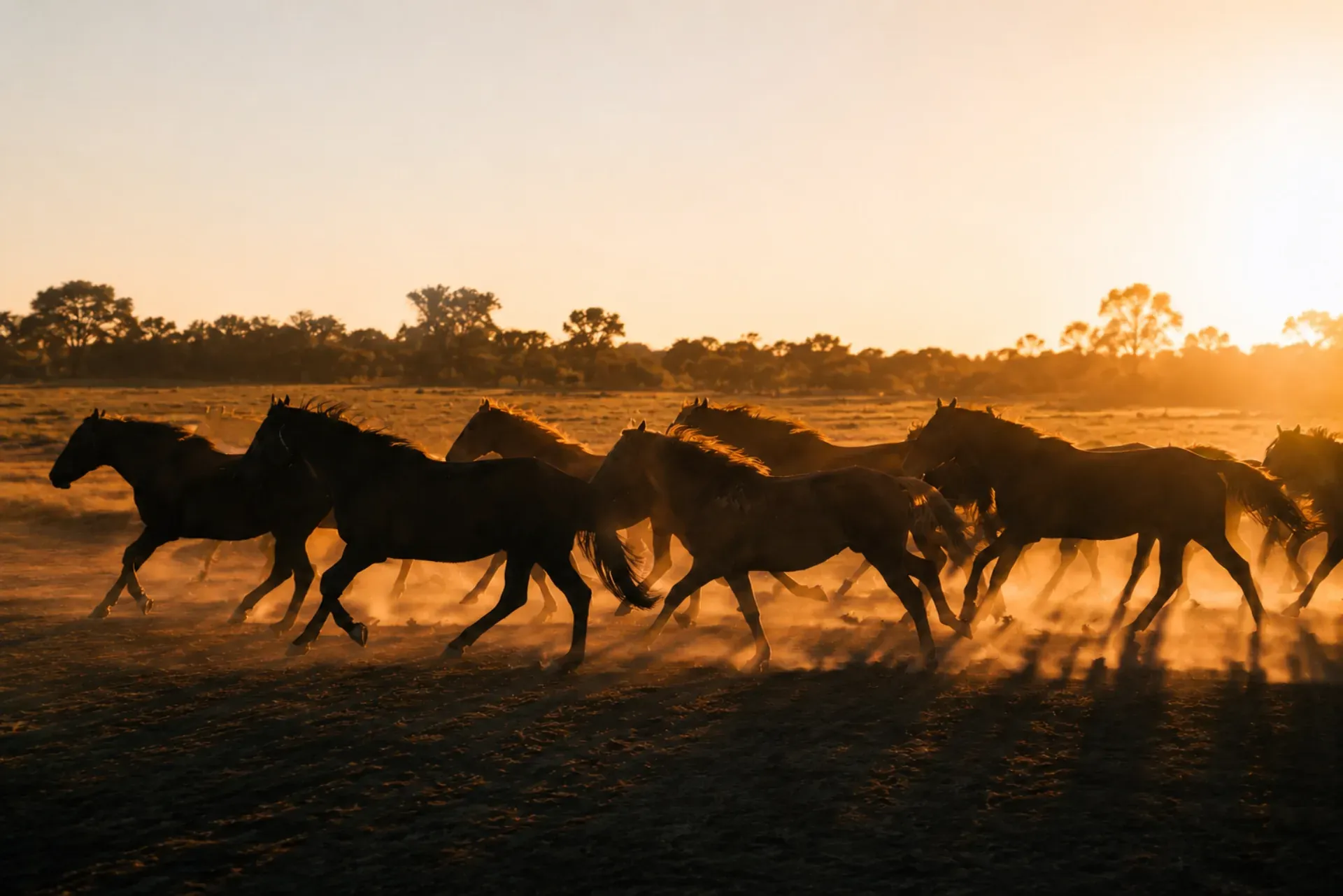 Tropa de cavalos a galope na poeira durante o pôr do sol