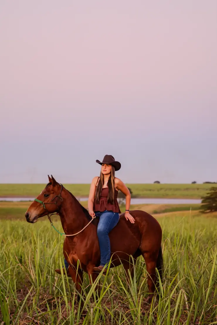 Amazona e cavalo de perfil com represa e pasto ao fundo